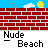 Pixel art animation of a beach scene with repeated 'Nude Beach' text, featuring brick walls, blue water, and small figures in various poses.