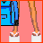 Pixel art contact sheet of a female character in various poses and text frames with pink background, blue backpack, red top, checkered shorts, white flip-flops, and 'Roxy Babe' text.