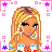 Pixel art of a blonde woman with blue eyes and earrings, wearing a white top with red and blue details, surrounded by pink and purple star and square patterns, with 'KISS ME' text in pink and blue