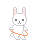 Pixelated white rabbit with pink inner ears and black eyes holds an orange hula hoop against a gray background.
