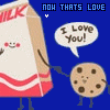 Animated sequence of a milk carton and cookie character holding hands with speech bubble saying "I Love You!" against blue background.