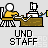 Pixelated animation of a yellow-shirted figure at a desk with a computer, showing sequential actions including typing, head movement, and a final explosion effect.