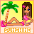Pixel art contact sheet showing two frames of an animated buddy icon featuring a cartoon woman in pink bikini lounging on beach with palm tree and "SUNSHINE" text.