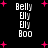Black background with white pixelated text 'Belly Ely Ely Boo' repeated four times, surrounded by pink plus signs and dots.