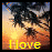 A pixelated sunset scene with palm trees and yellow text reading 'I love the beach' across three
