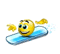Animated yellow emoji face on blue snowboard with motion blur, arms raised in a wave gesture