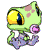 Animated contact sheet of a green cartoon frog with pink spots, yellow eyes, and purple limbs holding a pink pacifier in multiple poses.