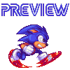 Pixel art of Sonic the Hedgehog in mid-run pose with red and white speed trails, blue fur, orange muzzle, and white gloves against gray background.