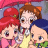 Three anime-style characters with large eyes and distinct hair colors stand together against a black background with white text.