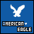 Blue square icon with white eagle silhouette and 'AMERICAN EAGLE' text, featuring pixelated animation changes in lettering across frames.