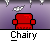 Red pixelated character with changing expressions and speech bubbles over purple background, labeled 'Chairy' below.
