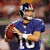 A pixelated image of a football player in a blue uniform holding a brown football, with red and blue text overlay on the right side.