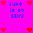 Pixelated graphic with bright pink background displaying repeated text "Luke is so SEXY" in blue, surrounded by red heart icons.