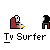 Pixelated animation of a figure on a red couch holding a yellow remote, interacting with a TV that changes color and emits light beams.