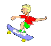 Pixelated cartoon character with blonde hair, red shirt, green shorts, and white shoes riding a blue skateboard with yellow wheels.