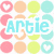 Pixelated grid of pastel-colored shapes surrounding cyan text reading "Artie" on white background.