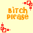 Pixelated orange text 'Bitch Please' on light yellow background with red square-dot patterns in corners.