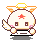 Pixelated character with angel wings and halo, red star on forehead, pink cheeks, brown square eyes, white body, orange accents, gray background.