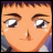 Pixelated anime-style face with brown hair, large eyes, and neutral expression, next to stylized text on black background.