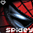 Pixelated animated buddy icon featuring mirrored red and black shapes with white text "spidey" at the bottom, two heart icons in top corners, and a central glowing effect.