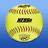 A yellow softball with red stitching and a black 'S' logo on a blue gradient background, surrounded by pixelated blue text.