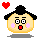Pixelated yellow face with black hair, pink cheeks, and red mouth; left side shows heart above head, right side holds envelope with heart symbol.