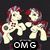 Pixelated cartoon character with red hair and white body in two poses, text below reads 'OMG' on left and 'FWNIES!!' on right.