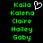 Green pixelated text list on black background with white heart symbol above first name.