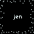 Black background with white pixelated dots forming a border and scattered pattern, four instances of the text 'jen' in white pixelated font at corners, central vertical stream of dots moving downward.