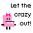 Animated contact sheet of a pink cartoon character with a bow, holding a horizontal bar, repeating the phrase "Let the crazy out!" across 25 sampled frames in a 5x5 grid.
