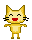 Pixelated yellow cat with black whiskers and red mouth in four poses: two standing, one walking left, one walking right.