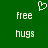 Green background with white pixelated text 'free hugs' and a heart symbol above the left instance of 'free'.