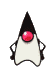 A cartoon character with a black cone-shaped hat, white body, and red circular eye appears in multiple poses showing arm movements.