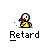 Pixelated character in yellow shirt with red mouth, performing sequential actions from standing to lying down with blue particle effects.