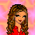 Pixelated character with long brown hair wearing red shirt and blue bell-bottom pants, standing against pink-orange gradient background.