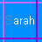 Blue background with purple lines and repeated 'Sarah' text in white and gray, partially obscured by a gray rectangle
