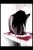 Pixelated black figure with red accents on white background, appearing to lean forward with arms extended.