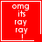 Red square icon with white text "omg its ray ray" and a horizontal line, featuring two distinct animation states: one with a heart symbol in the bottom-right corner and another with a starburst symbol there.