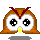 Four pixel-art owl faces with brown bodies, white eyes, black pupils, yellow beaks, and red ear tufts arranged in a on gray background
