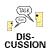 Pixelated icon shows two yellow rectangular shapes flanking a gray speech bubble with 'TV' text, below which reads 'DIS-CUSSION' in blocky letters.