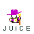 Pixel art character with purple hat and feather holding staff, surrounded by text elements on gray background.