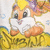 Animated cartoon hamster with white beard and yellow hair sits on yellow fabric, holding white object, against light background with blue dots.