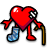 Pixelated red heart-shaped character with mismatched limbs, one blue sock-covered leg and one red boot, holding a cane, standing on white background.