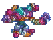Pixelated character with multicolored body in purple, teal, and orange poses across showing arm movement