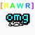 Pixel art buddy icon with multiple text overlays and a small creature, featuring rainbow brackets, 'omg' text, and a dinosaur label.