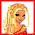 Pixelated image of a blonde woman in red attire with green eyes, accompanied by text reading 'my is like wo!' and a heart symbol.