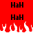Red background with four identical black "HaH" text blocks and white pixelated flames at the bottom.