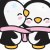 Pixelated penguin with white face, black body, and yellow beak stands on pink platform holding yellow flower with black stem.