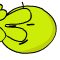 Yellow circular character with small stem, alternating between closed eyes and open mouth expressions while moving hands near face.