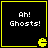 Four identical black square with yellow borders each display white pixelated text "Ah! Ghosts!" and a small yellow Pac-Man-like icon in the bottom-right corner